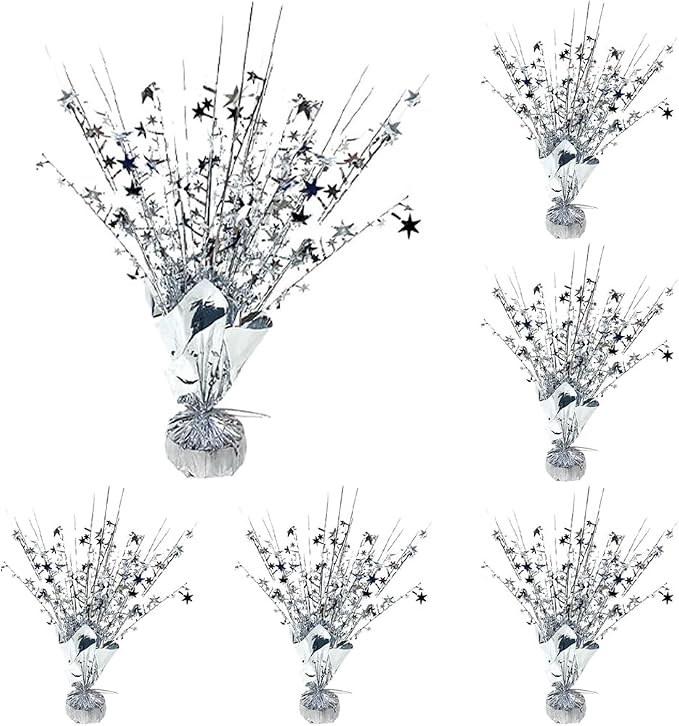Silver Star Spray Table Centerpieces, 6 Pack Sparkly Silver Starburst Table Toppers, Foil Star Party Decorations for Birthday Graduation 4th of July Wedding New Year Table Decor