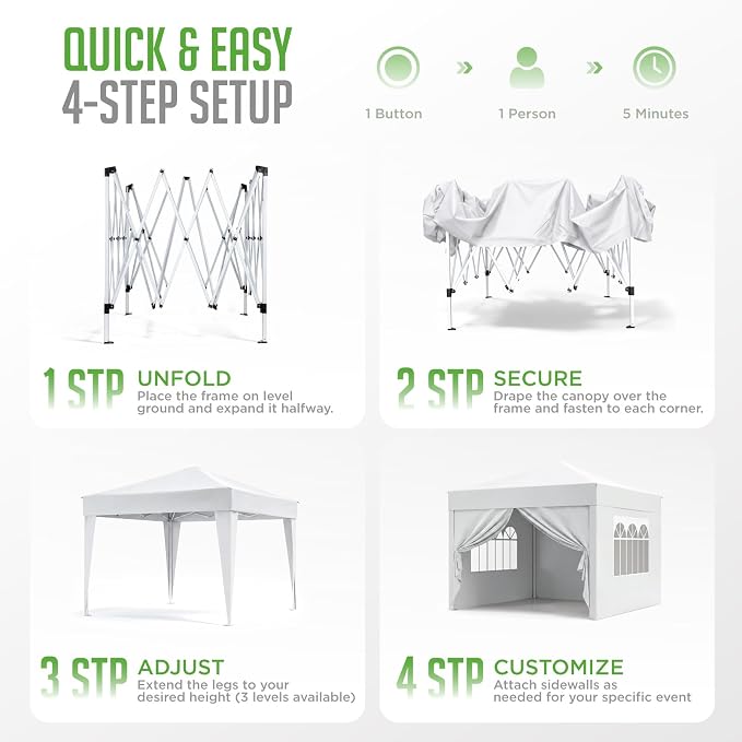 Upgraded 18% Thicker 420D Fabric Tearproof 10x10 Pop Up Canopy Tent with 4 Side Wall, 3 Steps Easy Setup, Durable Steel Truss, Outdoor Sun Shade for Events, Parties, Camping Durable Steel Truss