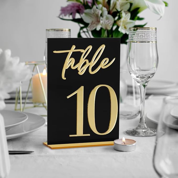 Wedding Table Numbers, Black Acrylic with Gold Text, Freestanding with Base