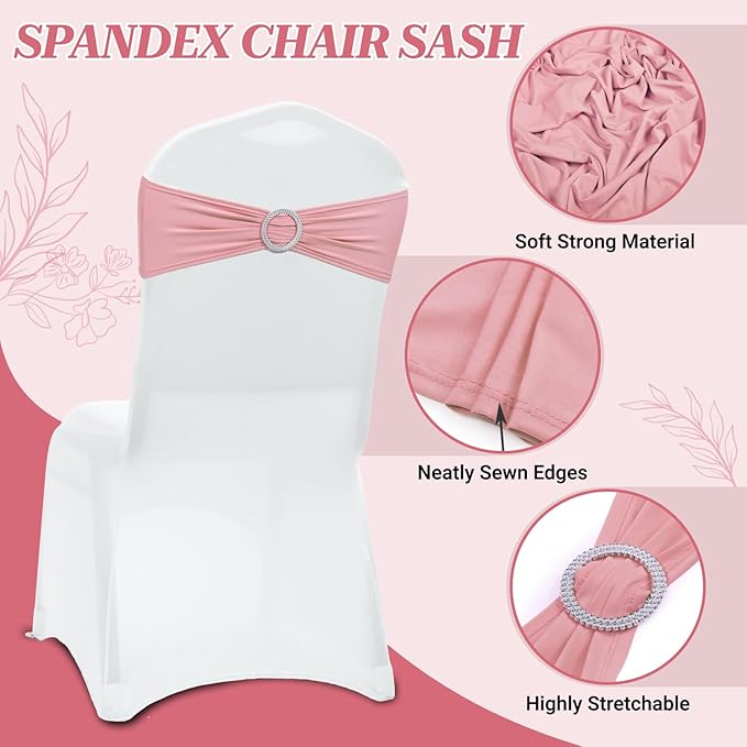 VDS - Dusty Rose | Spandex Chair Sashes Bows | 10 PCS | Stretch Elastic Banquet Universal Folding Chair Band Tie with Silver Buckle Slider for Wedding Party Conference Celebration Event Decoration