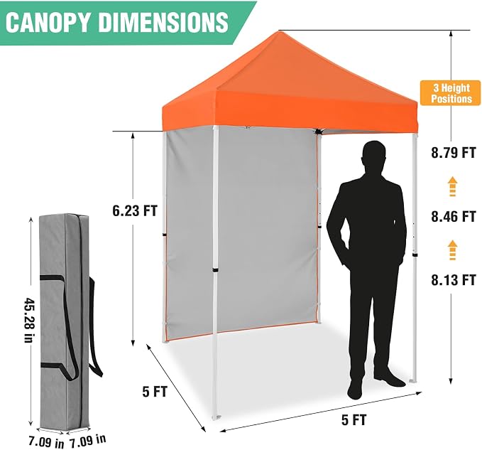 5x5 Pop Up Canopy Tent with One Sidewall, Instant Portable Beach Canopy, Outdoor Tent with Carry Bag for Camping, Sports, Tailgating, Events, Orange