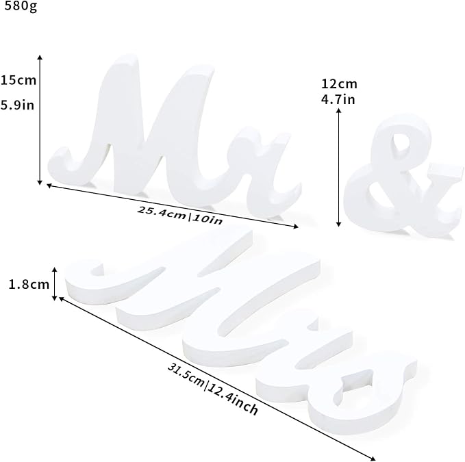 Mr & Mrs Sign for Wedding Table, Large Mr and Miss Wooden Letters, Party Decoration Head Table Wedding Wood Letter, Just Married Sign Anniversary Party Valentine's Day Decor (white)