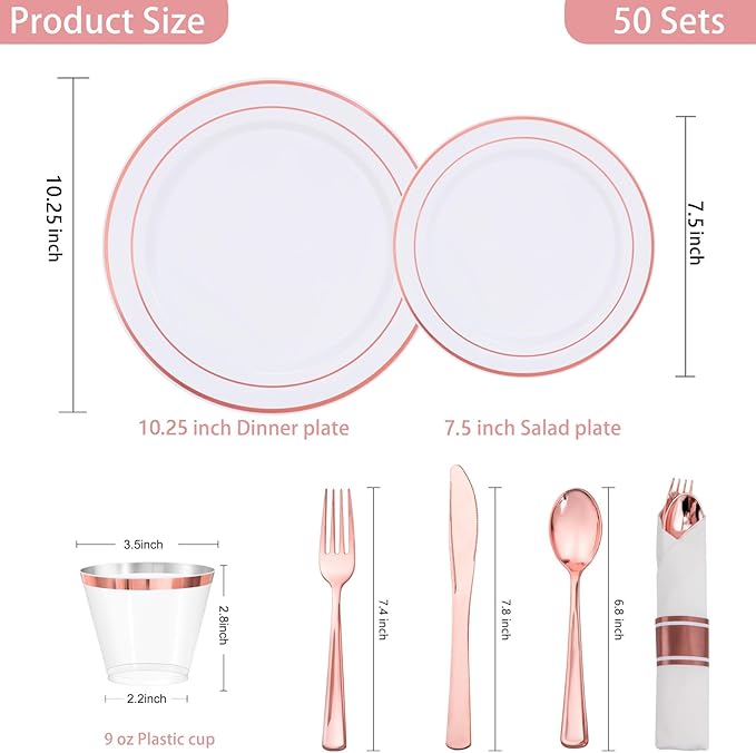 WELLIFE 350Pcs Rose Gold Plastic Plates for 50 Guests - Plastic Dinnerware Set,Party Supplies Includes 100 Rose Gold plates,150 Silverware,50 Napkins,50 Cups for Valentines and Galentines