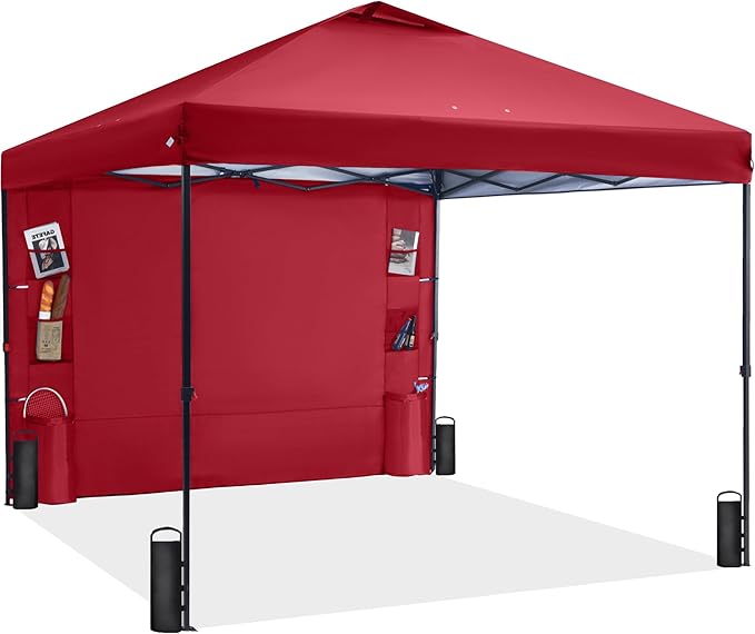 GAFETE 10×10 Pop Up Canopy Tent with 1 Pockets Sidewall, Easy up Sun Shade with One Push Setup, Portable Instant Outdoor Canopy Tent for Events Parties Camping with Carrying Bag (Red, 10x10 FT)