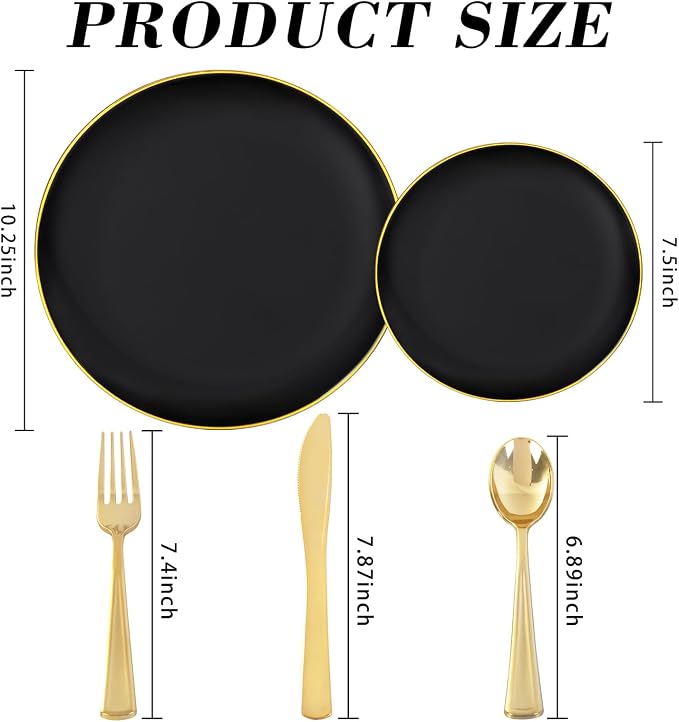 YOUBET 125PCS Black and Gold Plastic Plates - Black Disposable Plates With Gold Rim - Includes 25 Dinner Plates, 25 Dessert Plates, 75 Gold Silverware for Wedding Birthday Party