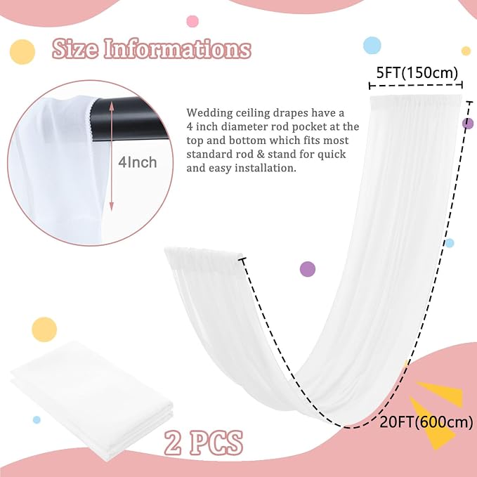 FOTSHARER White Wedding Ceiling Drapery 2 Panels 5ftx20ft Chiffon Fabric Drapes Wedding Arches for Ceremony Chififon Sheer Curtains Canopy Ceiling Curtains Drape for Bridal Shower Prom Arbor Drapery
