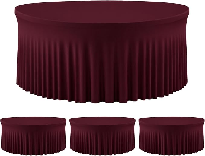 4 Pack Burgundy Round Tablecloth with Skirt, 60 Inch Elastic Fitted Table Cover for 5FT Tables, Wrinkle-Resistant & Washable Snug Fit for Christmas, Thanksgiving, Holiday Dinners & Parties
