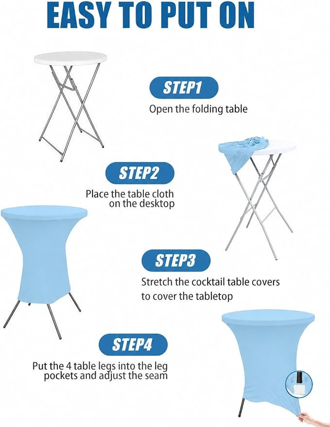 Cocktail Table Covers - 6 Pack 32x43 Inch Table Cloth - Light Blue Fitted Stretch Spandex Round High Top Tablecloth for Party, Bar, Birthday, Pub, Banquet