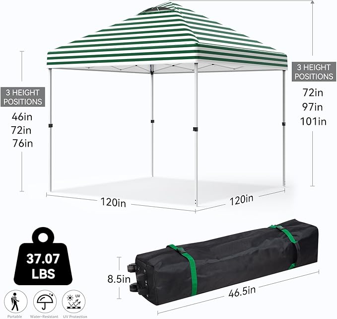 Nazhura 10' x 10' Pop Up Canopy with Sand Weight Bag, Awing for Patio, Freestanding Sun Shelter for Picnic and Camping, One Person Setup, White (Green Stripe)