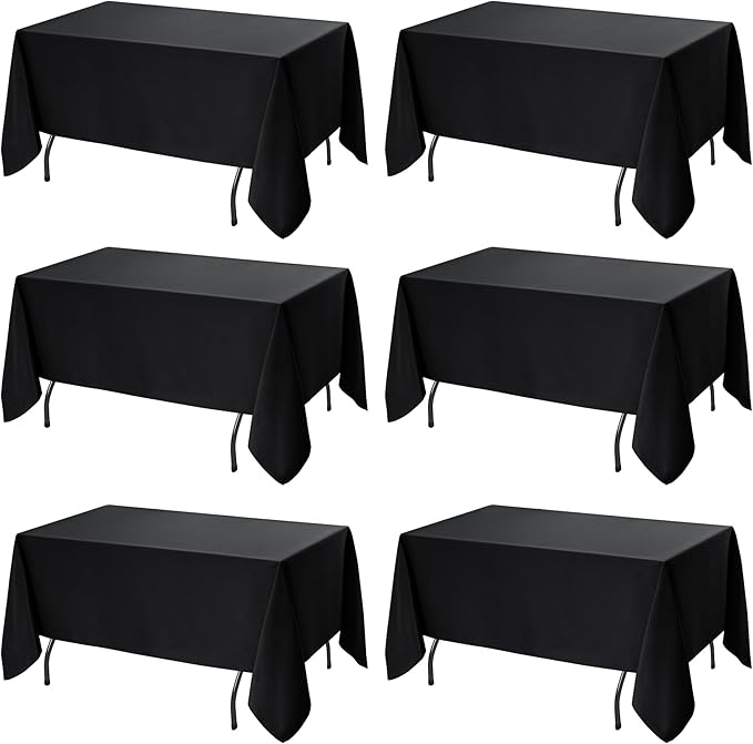 6-Pack Black Tablecloths for Rectangle Tables, 60 x 120 Inches, Stain-Resistant Polyester Fabric for 6 Foot Tables - Washable Table Covers for Weddings, Banquets, Birthday, Parties, Events