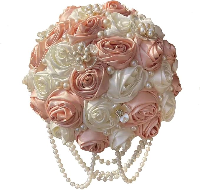 Pink Bridal Wedding Bouquet with Brooch Pearl String Cascade Bouquet for Bride Bridesmaid Quinceanera Satin Rose Flower Bouquet Wedding Pink and Ivory 9.8in