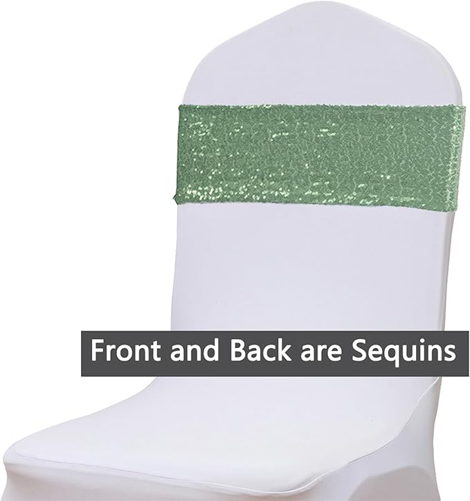 Sequin Sage Green Chair Sashes 50 Pack, Sage Chairs Bows for Party, Glitter Chair Bands with Silver Buckles for Wedding Banquets Birthday Anniversary Bridal Shower Events Decorations