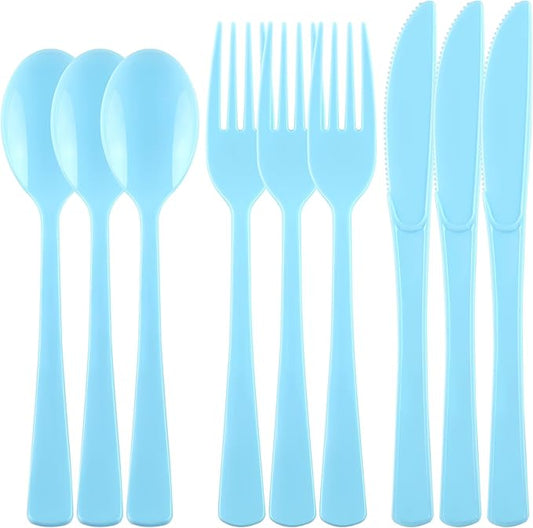 Kochorie 300 Pieces Graduation Light Blue Plastic Silverware, Disposable Plastic Utensils, Heavy Duty Cutlery Set Heavyweight Flatware Includes Spoons Forks Knives for Birthday Party Wedding Dinner