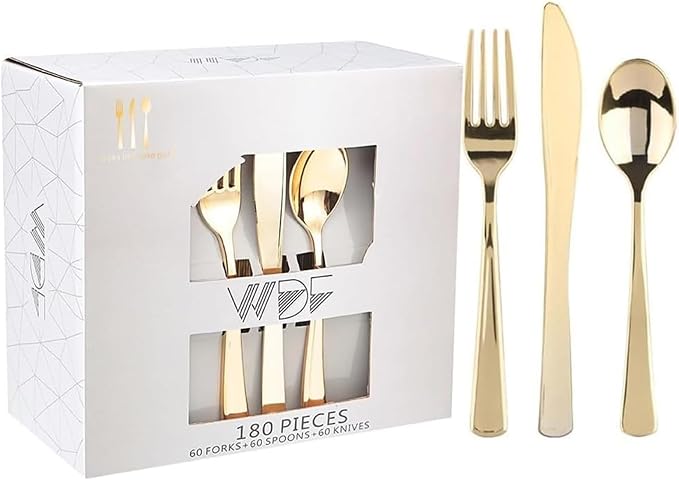 WDF 180 Count Gold Plastic Silverware Set - Heavy Duty Disposable Cutlery (60 Forks, 60 Knives, 60 Spoons) - BPA-Free Gold Flatware for Wedding, Party, Baby Shower, Thanksgiving