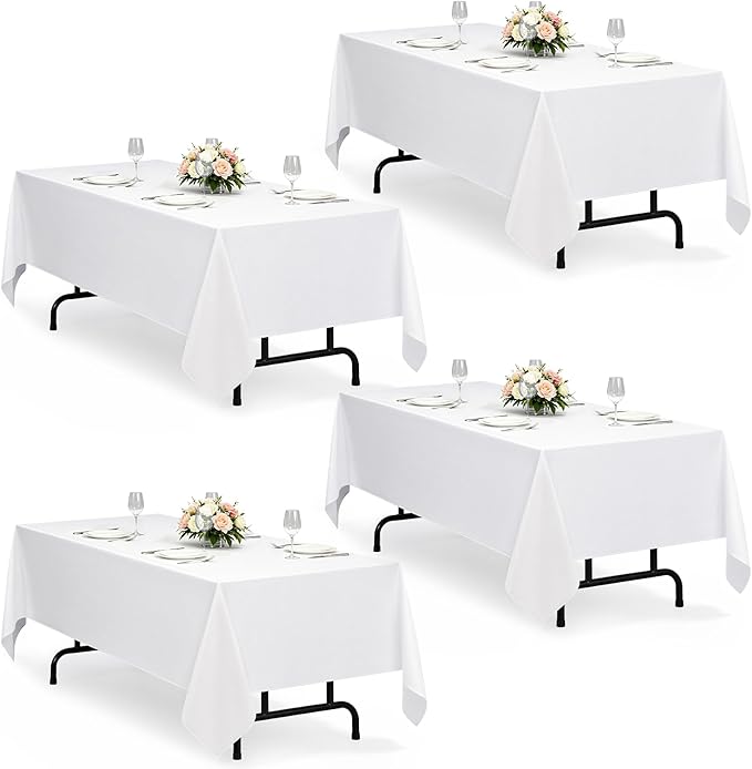 Decorelia White Washable Table Cloths for 6 Ft Rectangle Tables-4 Pack, Washable Polyester Rustic Faux Linen Rectangular Table Cloth Cover for Wedding,Outdoor,Events, Party,Banquet,Dining, 60x102 Inch