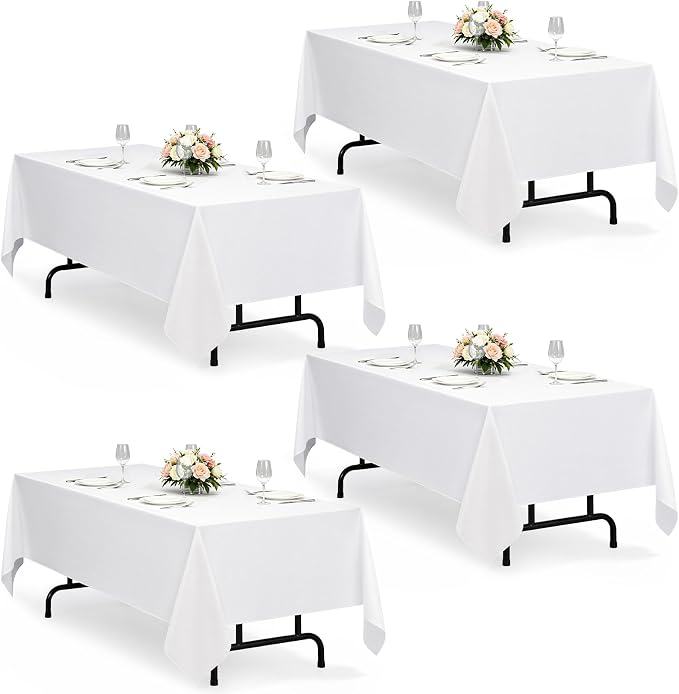 Decorelia Washable White Table Cloths for 4 Ft Rectangle Tables-4 Pack, Washable Polyester Rustic Faux Linen Rectangular Table Cloth Cover for Wedding,Outdoor,Events, Party,Banquet,Dining, 60x84 Inch