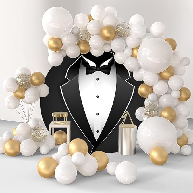 7.2ft Gentleman Tuxedo Round Backdrop Cover Black and White Bow Tie Suit Circle Photo Background for Man Portrait Birthday Party Decoration,Wedding Arch Backdrop Cover,Boy Baby Shower Photos
