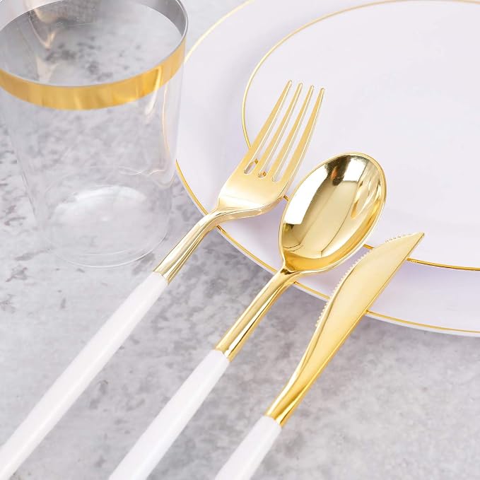 Supernal 350PCS White and Gold Plastic Dinnerware Set (Serves 50 Guests) - Extra Heavyweight Disposable Plates with Premium Two-Tone White Handle Gold Utensils, Cups, Napkins for Wedding