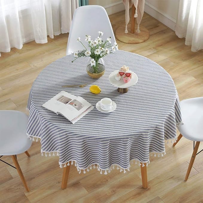 meioro Round Tablecloth Stripe Tassel Table Cloth Cotton Blend Dust-Proof Table Cover for Dining Circle Coffee Side End Card Tables, Parties Holiday Indoor Outdoor Use (Blue/White Stripes, 60 Inch)