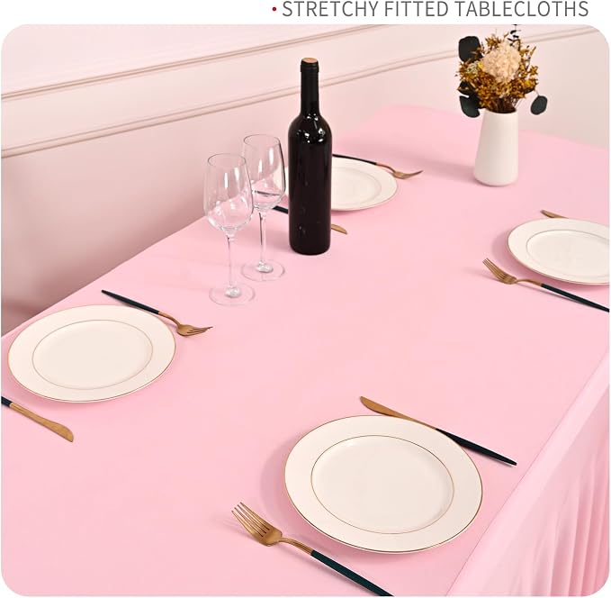 2 Packs Pink Stretch Table Skirts for 8 Foot Rectangle Table, Washable Spandex Stretch Tablecloths with Skirt, Wrinkle Resistant Fitted Tablecover for Wedding Party Banquet
