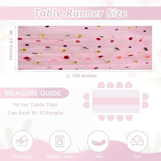 QueenDream 3 Pcs Pink Flower Table Runners 10FT Gauze Sheer Tulle Floral Table Linens for Spring Summer Home Tea Party Decorations