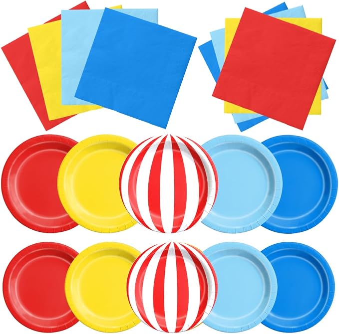 CMUSKO 60Pcs Carnival Plates and Napkins-Circus Theme Party Decorations Red Blue Yellow Tableware for Birthday, Baby Shower