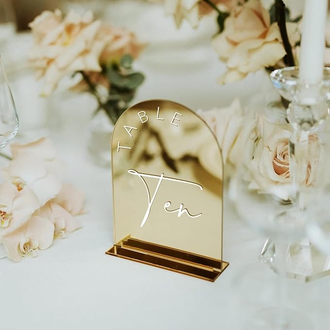 Gold Mirror Arched Wedding Table Numbers 1-10 with Stands, 5x7 Inch Acrylic Arch Sign with Holder, Gold Arch Acrylic Table Numbers for Wedding Reception