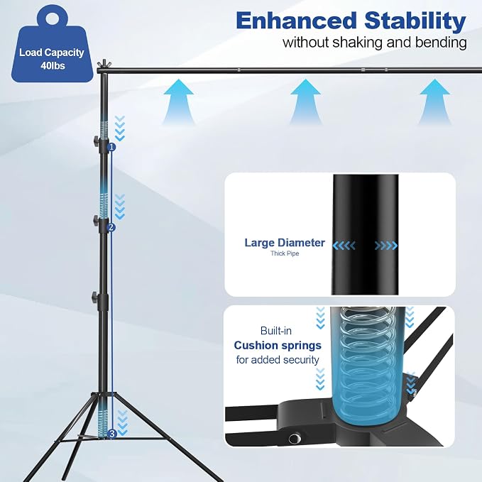 Photo Video Studio 10 x 10ft Heavy Duty Backdrop Stand, Adjustable Photography Background Support System Kit with Shock-Proof Spring, Carrying Bag, 6 Clamps