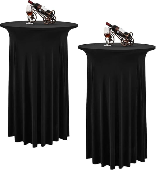 2 Packs Round Cocktail Table Skirt 32"x 43" Spandex Stretch Cocktail Tablecloth with Wavy Drapes, Black Spandex Fitted High Top Table Covers for Wedding Party Birthday Banquet Bar