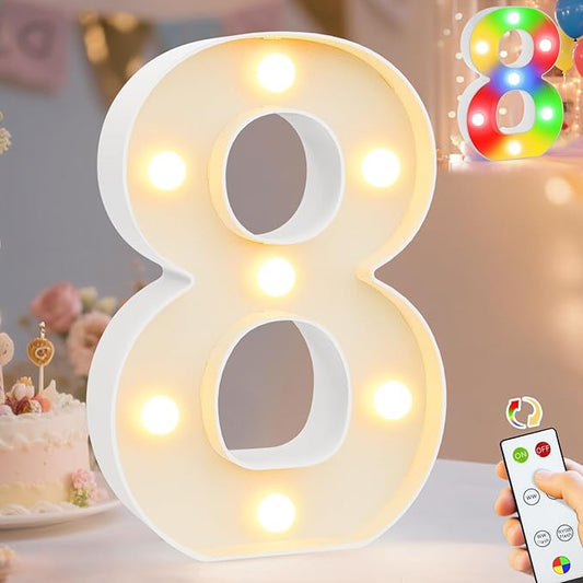 Pooqla LED Light Up Numbers 8, Warm White and Colorful Lighted Marquee Numbers with Remote, Lighted Numbers for 8th 18th Birthday Decorations, Gift for Girls Boys Her Him Anniversary Home Party Decor