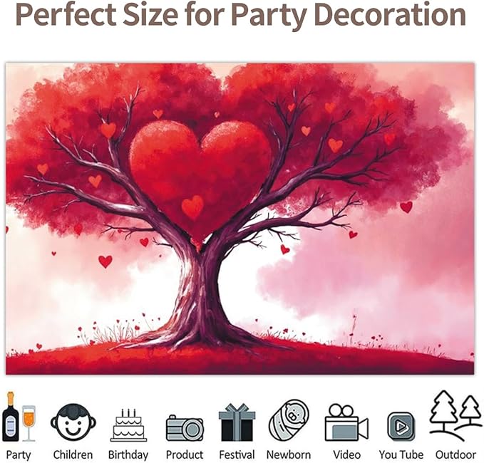 9x6ft Vinyl Red Heart Backdrop Valentines Heart Tree Background Happy Valentine's Day Wall Decor Mother's Day Bridal Engagement Backdrops for Photography
