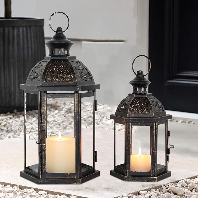 Large Lantern Decorative Outdoor & Indoor, Set of 2 (15’’&11’’) Metal Candle Lanterns Decor, Vintage Hanging Candle Holder for Front Porch Patio Wedding Farmhouse Home, Spring Decoration