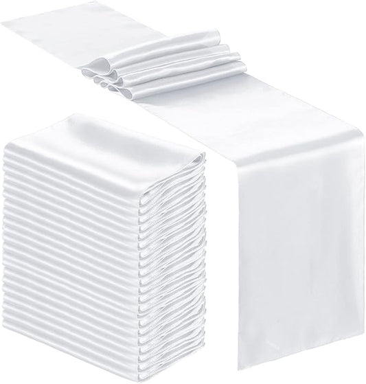 Bencailor 24 Pcs White Satin Table Runner Bulk 12 x 108 Inches Long Table Runners Bright Smooth Fabric Tablecloth for Wedding Banquet Birthday Spring Graduation Party Decorations