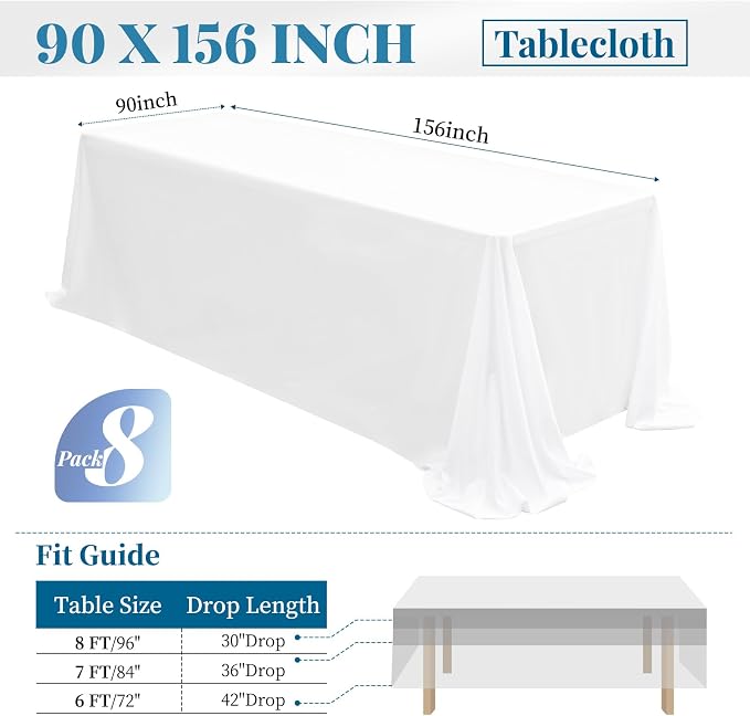 fani 8 Packs 90 x 156 Inch Tablecloth, White Polyester Table-Cloth for 8ft Rectangle Tables, Stain and Wrinkle Resistant Washable Fabric Table Cover for Wedding Banquets Parties Buffet Dining