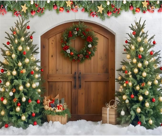 Christmas Photo Backdrop 10x8ft Rustic Christmas Barn Door Photography Backdrop Xmas Trees Gifts Ornaments Background Merry Christmas Party Decor Banner Family Photo Studio Booth Props