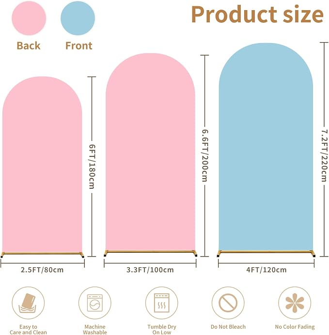 Arch Backdrop Cover Set of 3 Double Color 6ft/6.6ft/7.2ft Wedding Arch Cover Spandex Fitted Arch Covers,Round Top Arch Backdrop Cover for Baby Party Birthday Banquet Shower (Pink+Blue)