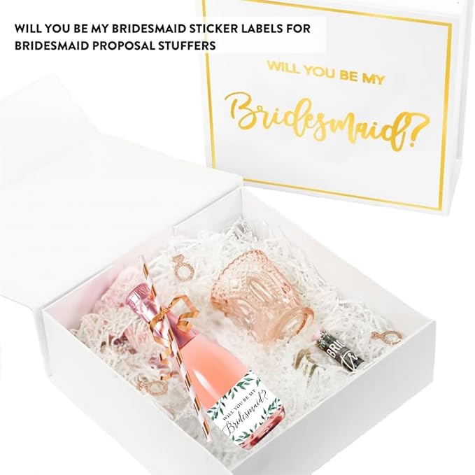 Andaz Press Mini Champagne Wine Bottle Proposal Labels, Will You Be My Bridesmaid? Matron Maid of Honor?, Greenery Green Leaves, 20-Pack, Stickers