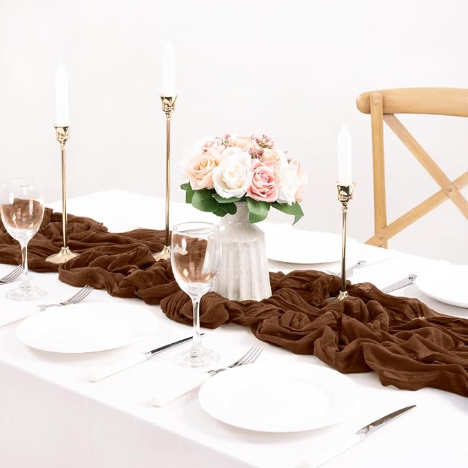 MLMC 6 Pack Brown Table Runner 10ft Boho Rustic Gauze Coffee Cheesecloth Table Runner Neutral Cheese Cloth Table Decor 65x120 Inches for Wedding Bridal Shower Reception Party Decor