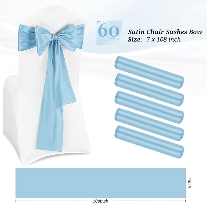 Pesonlook 60 PCS Light Blue Satin Chair Sashes Bows Satin Chair Sashes Universal Chair Cover for Wedding Reception Restaurant Event Decoration Banquet,Party,Hotel Event Decorations (7 x 108 inch)