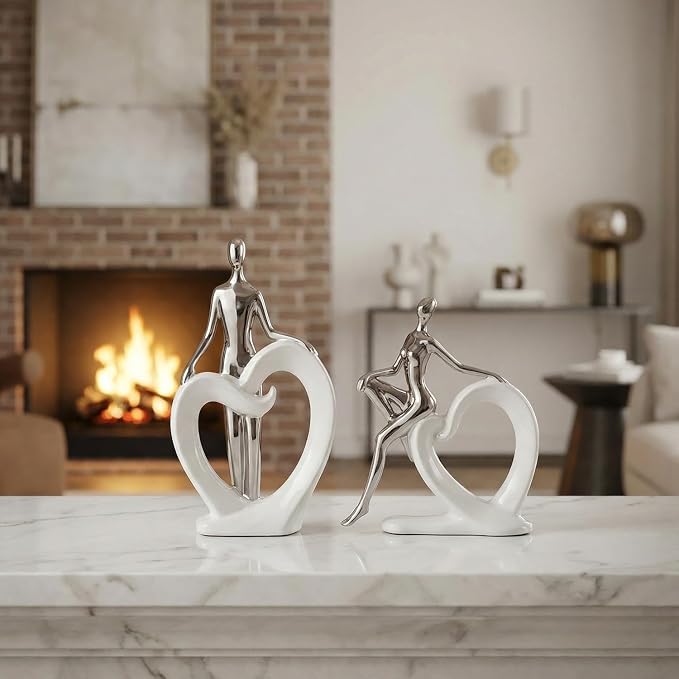 Ceramic Statues Aesthetic Abstract Couple and Heart Sculpture Modern Home Decor Decorative Statue for Living Room Bedroom Bookshelf Table Centerpiece Office (White and Silver)