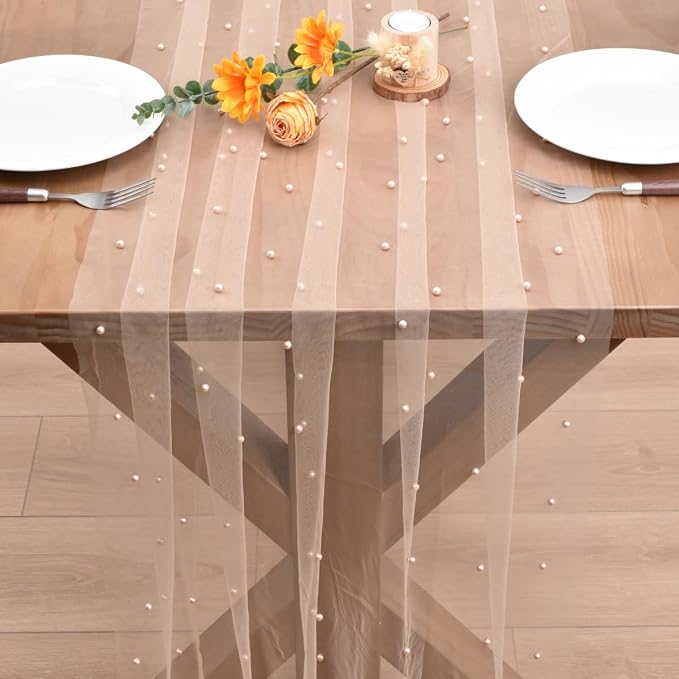Nude Pearl Table Runner Boho Rustic Tulle Lace Dining Baby Shower Wedding Arch Decor Veil Dessert Holiday Centerpiece Table Decor