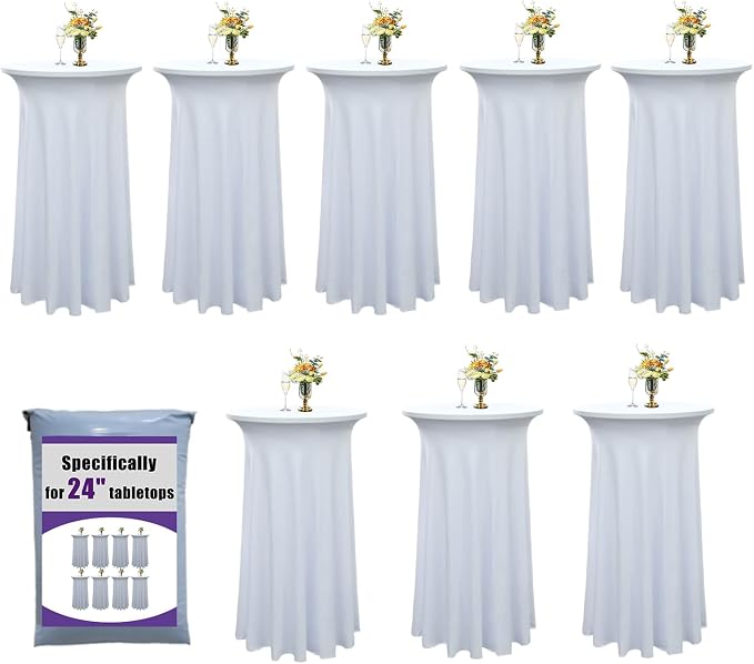 8-Pack 24"x43" White Round Cocktail Table Skirts | Stretch Spandex Fitted Tablecloths | Wrinkle-Resistant, Stain-Resistant, and Machine Washable for Bars, Weddings, Parties, and Banquets