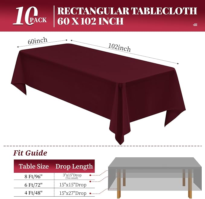 10 Pack Burgundy Tablecloth for 6 Foot Rectangle Tables - 60 x 102 Inch Washable Linen Polyester Fabric - Burgundy Table Cloths for Parties, Wedding Banquet
