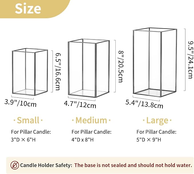 Nuptio Glass Candle Holders Hurricane Holder for Pillar Candles 6 Pcs Black Metal Candle Holders Large Rectangular Candleholder Vase Centerpieces Decoration for Wedding Fireplace 9.5 & 8.1 & 6.5 inch