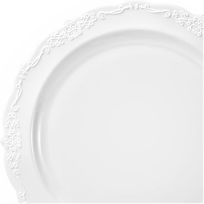 OCCASIONS Scalloped Ivory Disposable Plates for Wedding Party, 25 Guests (50 Pc) – Heavy Duty Fancy Plastic Dinnerware Set, 10" Dinner & 7.5" Salad/Dessert, BPA Free, China-Like Look, Verona in White