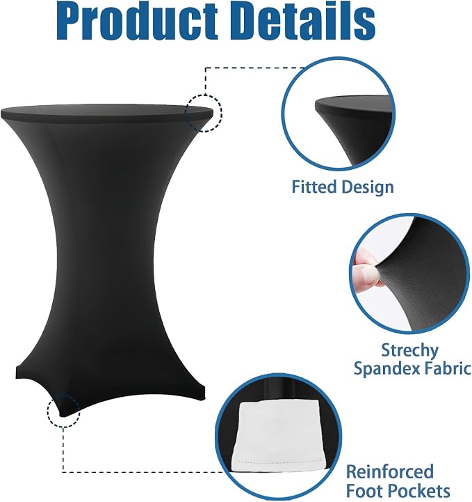 Cocktail Table Covers - 1 Pack 32x43 Inch Table Cloth - Black Fitted Stretch Spandex Round High Top Tablecloth for Party, Bar, Birthday, Pub, Banquet