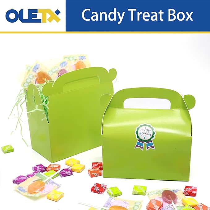 30-Pack Green Party Favor Treat Boxes, Goodie Gable Paper Gift Boxes with Handles. Perfect for Gardening/Green Thumbs Party Decoration Supplies and St Patricks Day Gift Giving