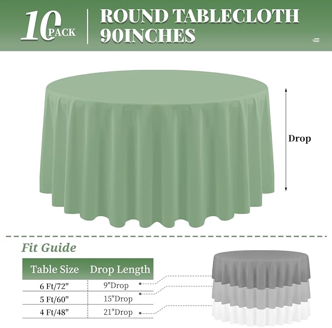 10 Pack Sage Green Tablecloth 90 Inch Round Tablecloth Sage Round Tablecloth Washable Polyester Fabric Bulk Linen Tablecloths Round Table Cover Table Cloths for Parties Wedding Banquet Buffet Dinning