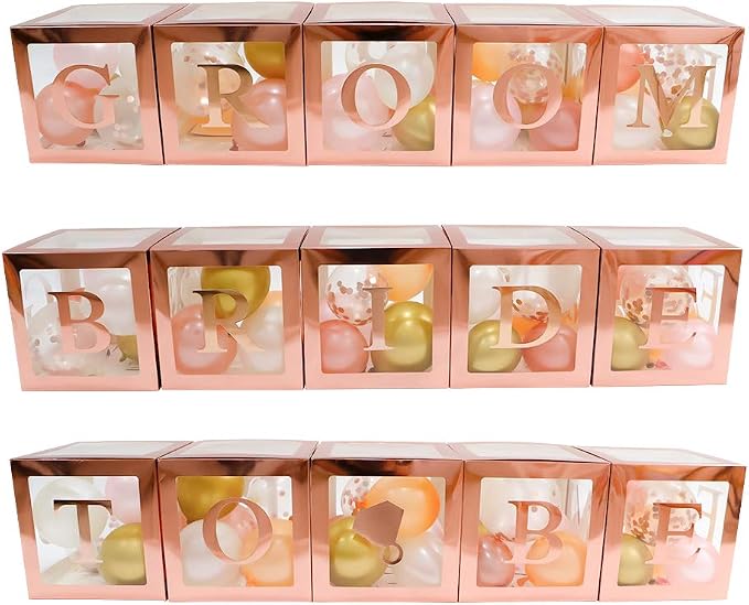 96 PC Bridal Shower Decorations Balloon Boxes Rose Gold - Transparent Block with BRIDE TO BE + GROOM + A - Z Letters and 40 Balloons- Engagement Bachelorette Parties Weddings Centerpieces Photo Booth