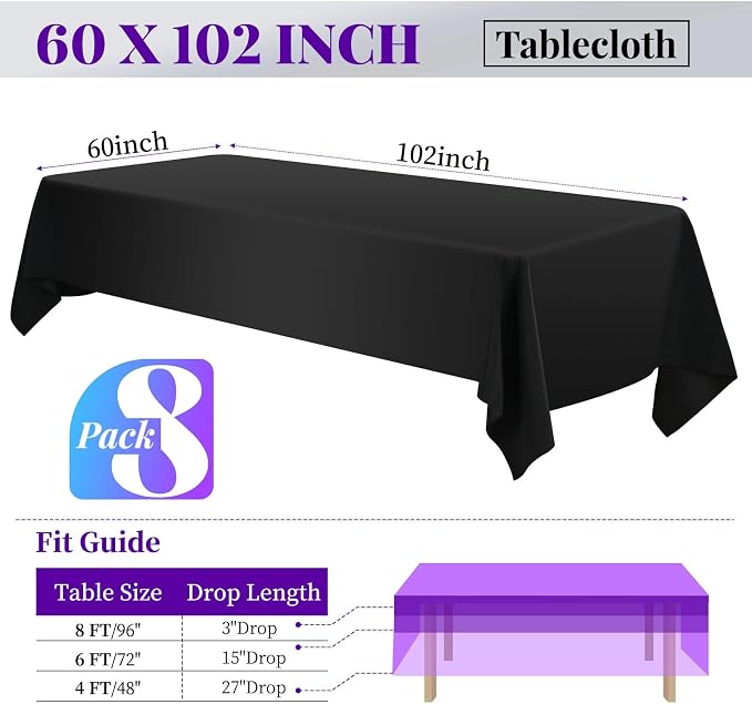 8 Packs Black Rectangle Tablecloth - 60 x 102 Inch, Premium Polyester Table Cloth for 6 Foot Rectangle Tables, Washable Fabric Table Covers for Wedding, Party, Banquet, Dining